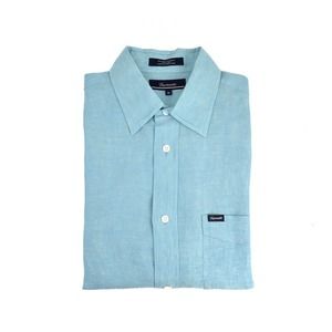 Faconnable Club Massena Plain Linen Short Sleeve Shirt Blue Men’s Size M